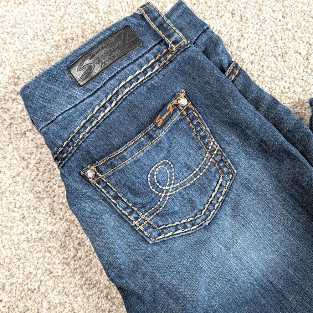 Seven7 Skinny Jeans Womens 28 Dark Wash Low Rise Rhinestone Contrast Stitch Blue